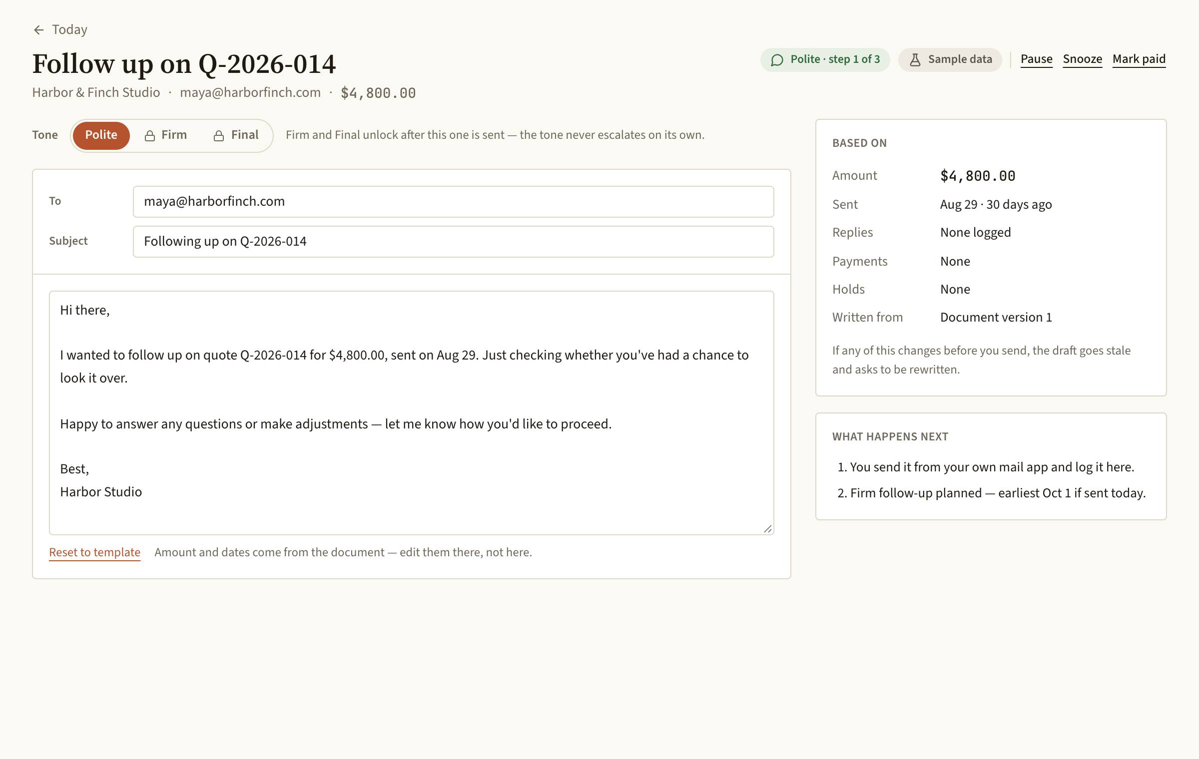 Draft review screen in the follow-up tracker