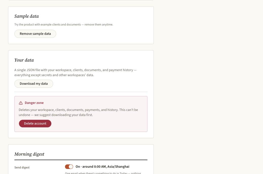 Real Settings page showing export and account-deletion controls in a fictional sample workspace