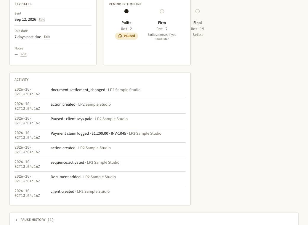 Real document history showing recorded follow-up actions with fictional sample data