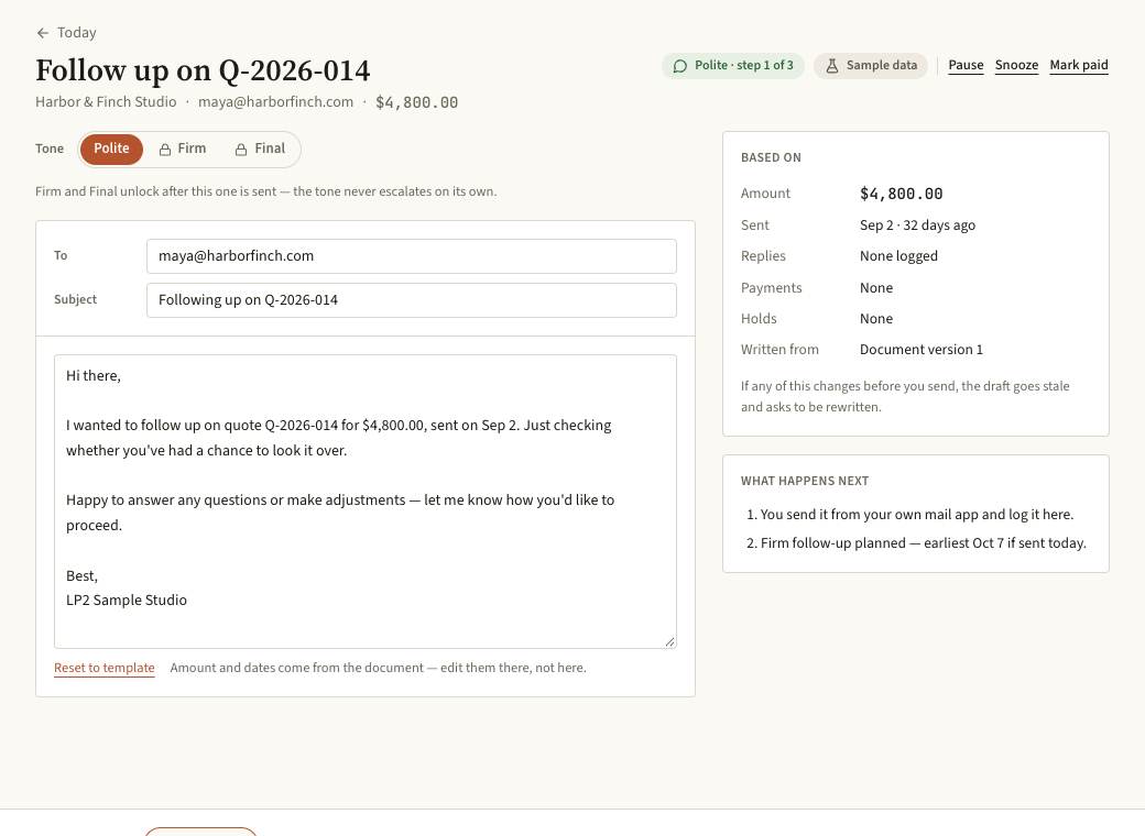 A drafted follow-up email ready to review, with buttons to copy it or open it in a mail app.