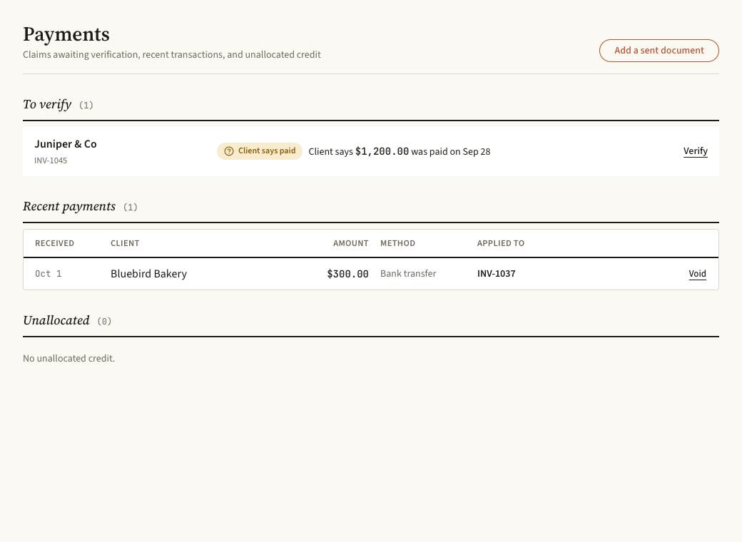 The real Payments screen, showing a fictional pending payment claim and a confirmed partial payment of $300.