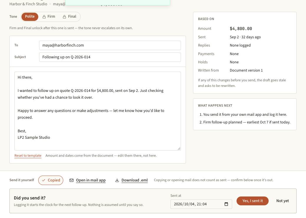 Real draft review with copy, email app and sent-log controls in a fictional sample workspace