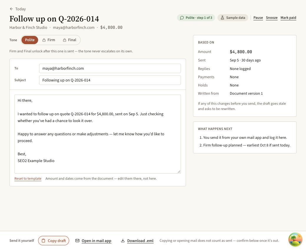 Real MoneyNudge quote follow-up screen for fictional Q-2026-014, showing the template draft, source facts and manual send controls.