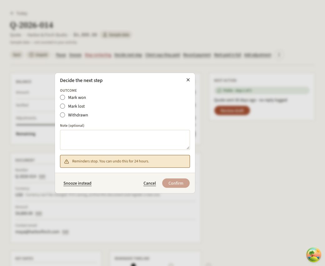 Real next-step form showing won, lost and withdrawn quote options