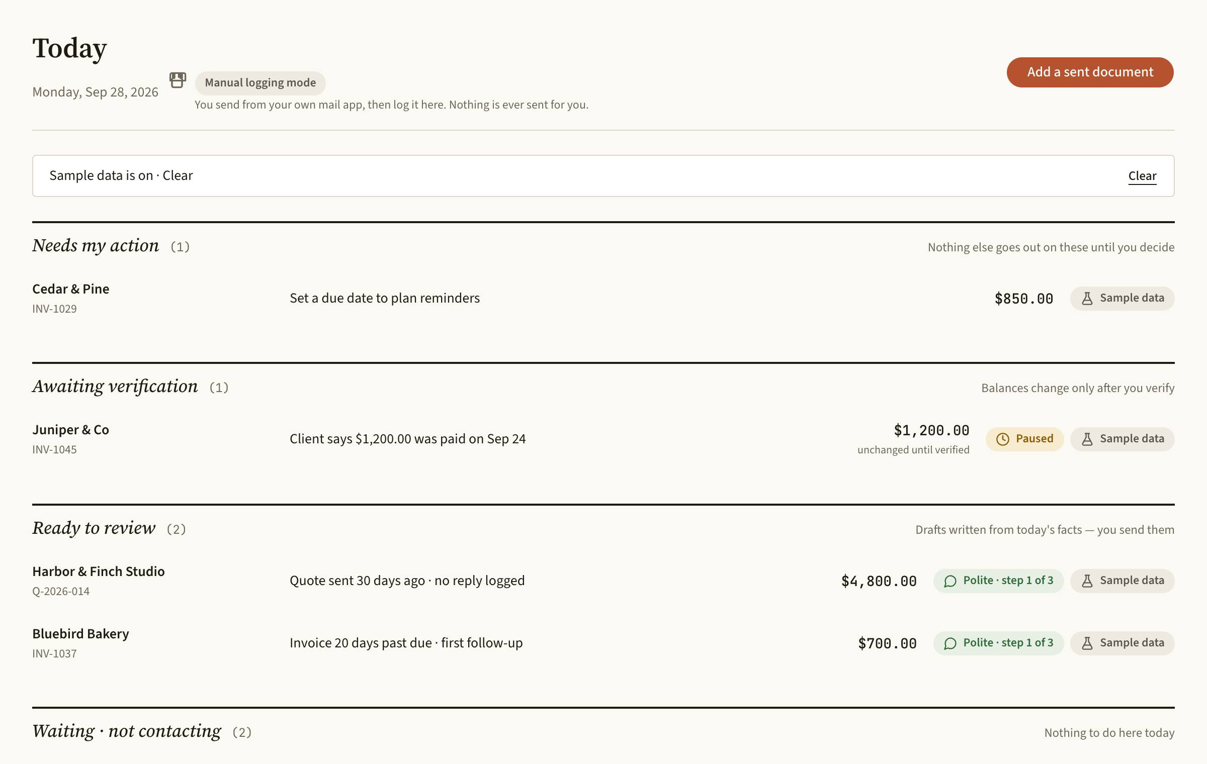 the follow-up tracker Today screen showing follow-up tasks